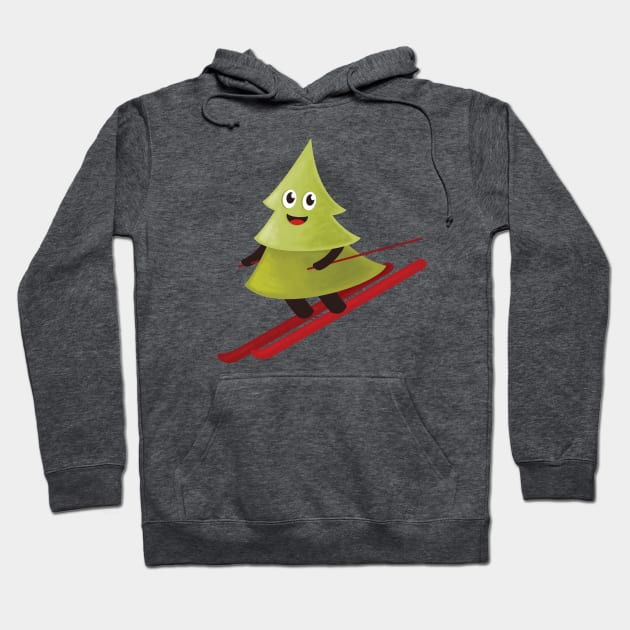 Cute Skiing Pine Tree Hoodie by Boriana Giormova